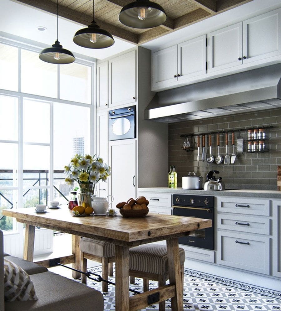 интерьер кухни с панорамными окнами